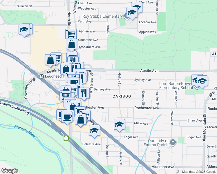 map of restaurants, bars, coffee shops, grocery stores, and more near 599 Dansey Avenue in Coquitlam