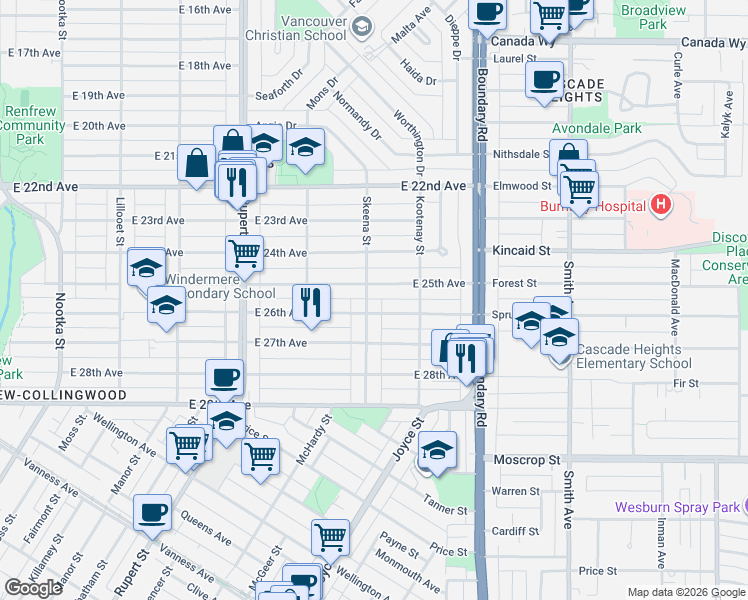 map of restaurants, bars, coffee shops, grocery stores, and more near 4136 Skeena Street in Vancouver