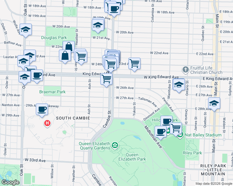 map of restaurants, bars, coffee shops, grocery stores, and more near 4222 Cambie Street in Vancouver