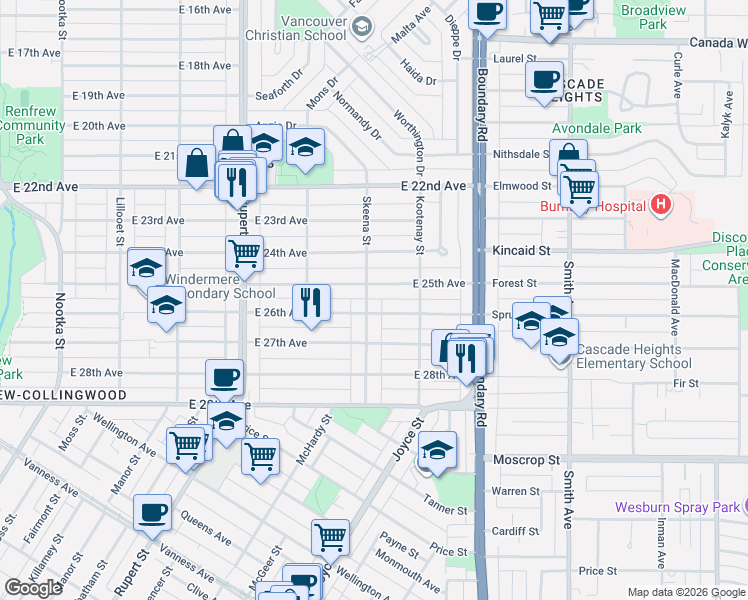 map of restaurants, bars, coffee shops, grocery stores, and more near in Vancouver