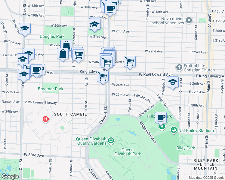 map of restaurants, bars, coffee shops, grocery stores, and more near 4222 Cambie Street in Vancouver