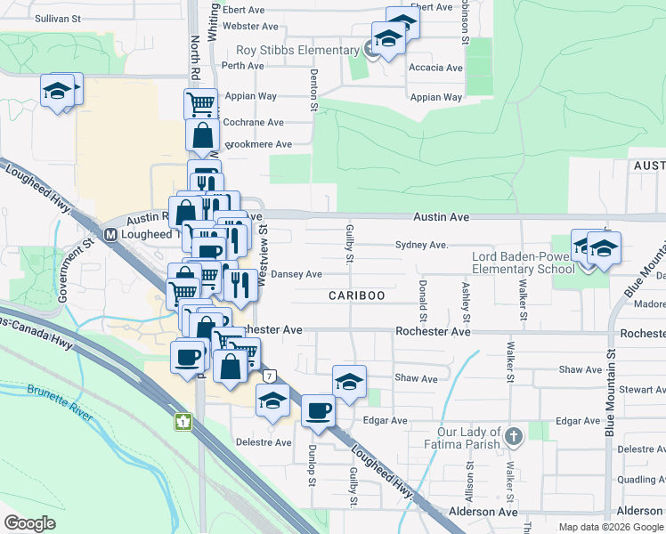 map of restaurants, bars, coffee shops, grocery stores, and more near 605 Dansey Avenue in Coquitlam