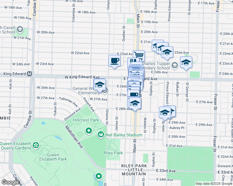 map of restaurants, bars, coffee shops, grocery stores, and more near 73 East 27th Avenue in Vancouver