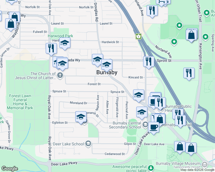 map of restaurants, bars, coffee shops, grocery stores, and more near 5690 Forest Street in Burnaby