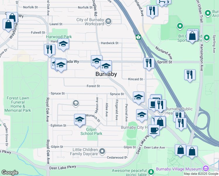 map of restaurants, bars, coffee shops, grocery stores, and more near 5728 Forest Street in Burnaby