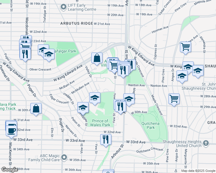 map of restaurants, bars, coffee shops, grocery stores, and more near 2125 Eddington Drive in Vancouver