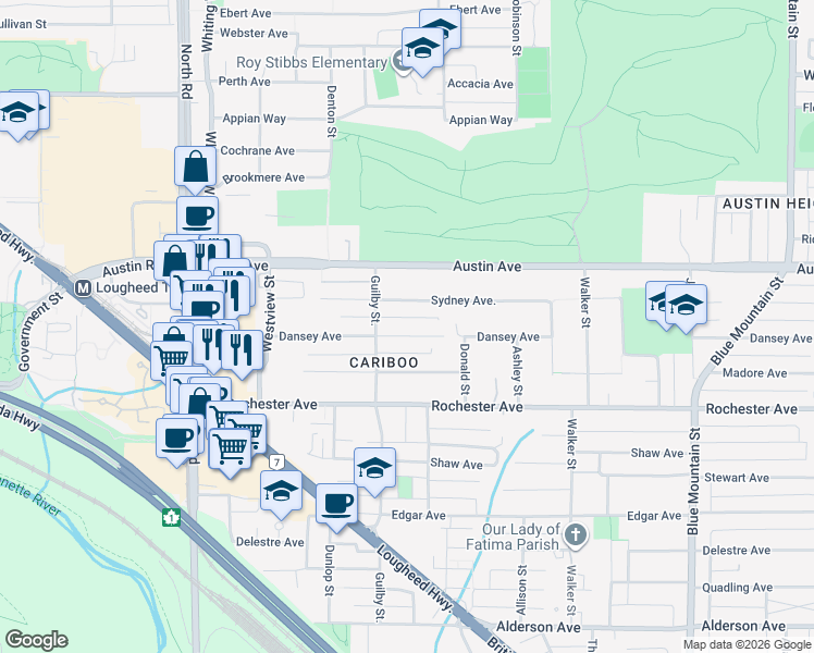 map of restaurants, bars, coffee shops, grocery stores, and more near 635 Dansey Avenue in Coquitlam