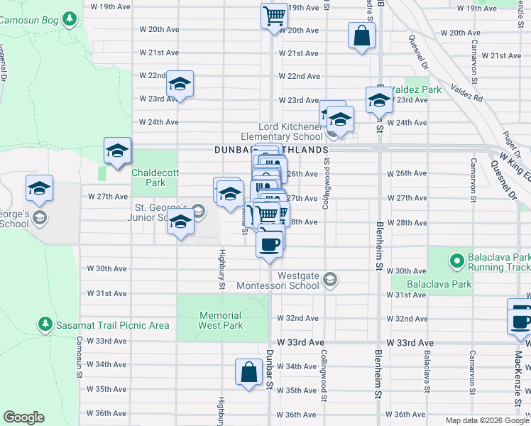 map of restaurants, bars, coffee shops, grocery stores, and more near 4355 Dunbar Street in Vancouver