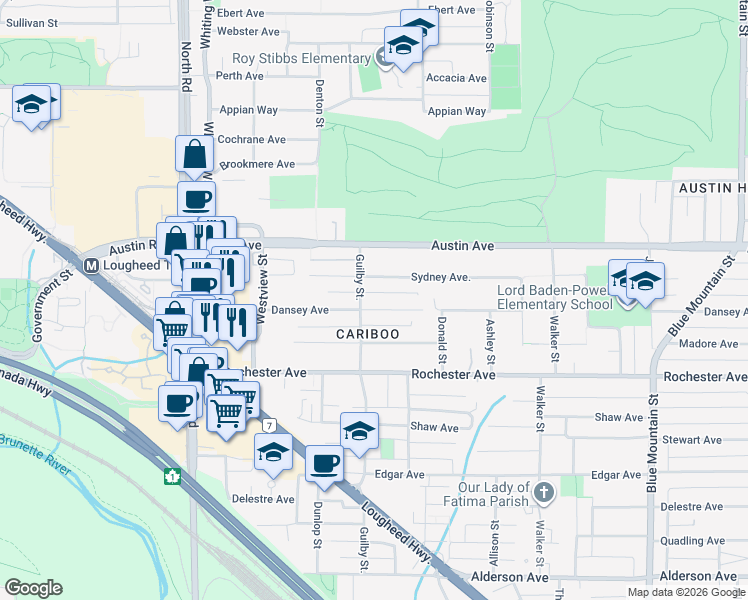 map of restaurants, bars, coffee shops, grocery stores, and more near 621 Dansey Avenue in Coquitlam