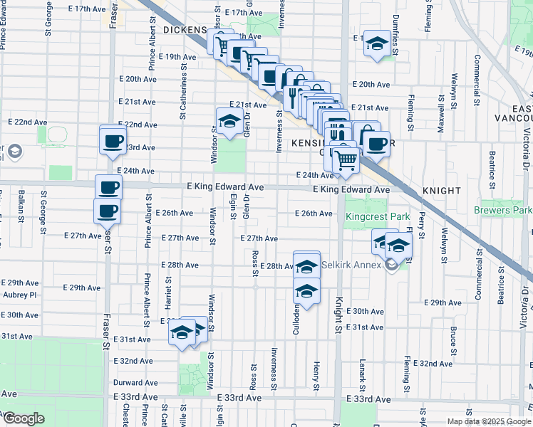 map of restaurants, bars, coffee shops, grocery stores, and more near 1174 East 26th Avenue in Vancouver