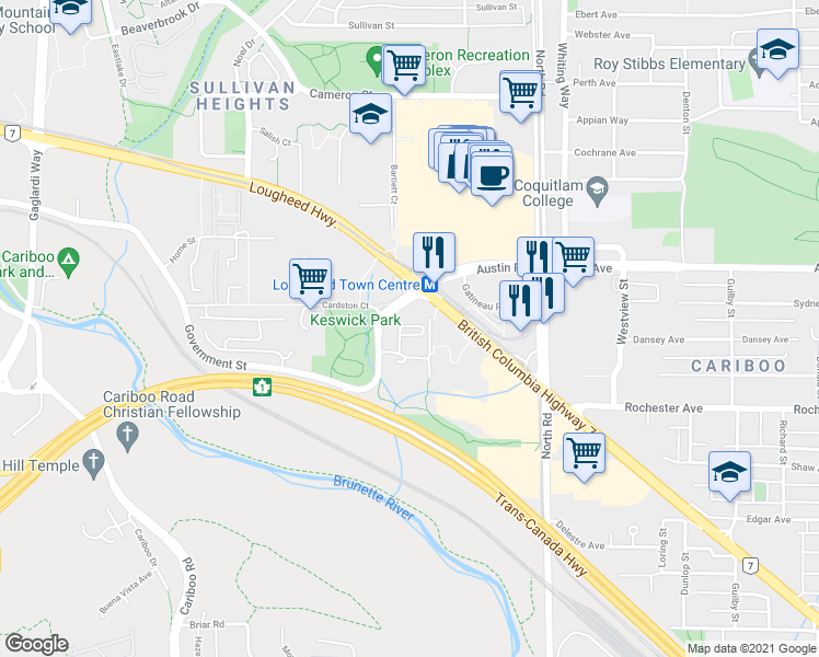 map of restaurants, bars, coffee shops, grocery stores, and more near in Burnaby