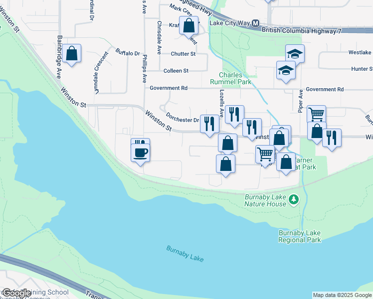 map of restaurants, bars, coffee shops, grocery stores, and more near 4208 Remi Place in Burnaby