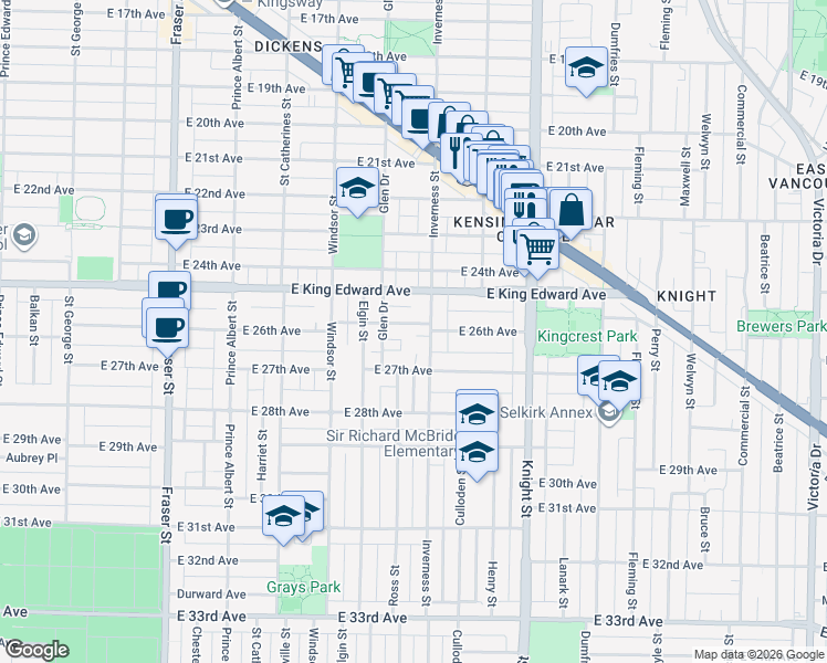map of restaurants, bars, coffee shops, grocery stores, and more near 1174 East 26th Avenue in Vancouver