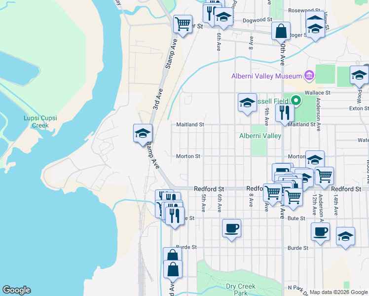 map of restaurants, bars, coffee shops, grocery stores, and more near 3908 4th Avenue in Port Alberni