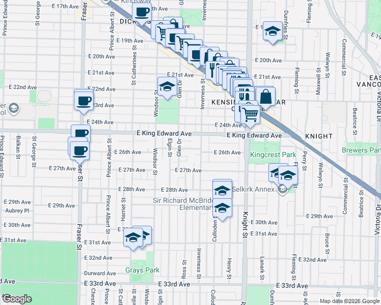 map of restaurants, bars, coffee shops, grocery stores, and more near in Vancouver
