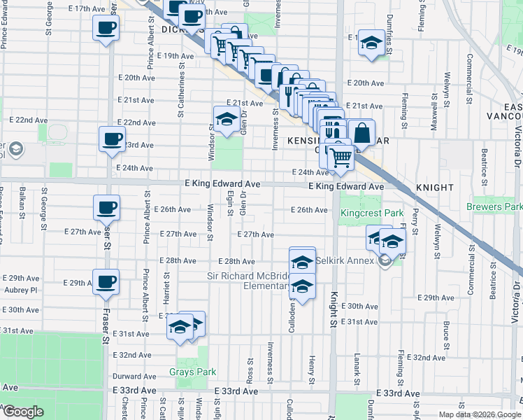 map of restaurants, bars, coffee shops, grocery stores, and more near 1174 East 26th Avenue in Vancouver