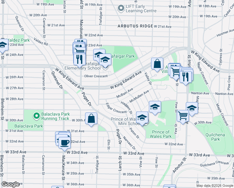 map of restaurants, bars, coffee shops, grocery stores, and more near 2623 McBain Avenue in Vancouver