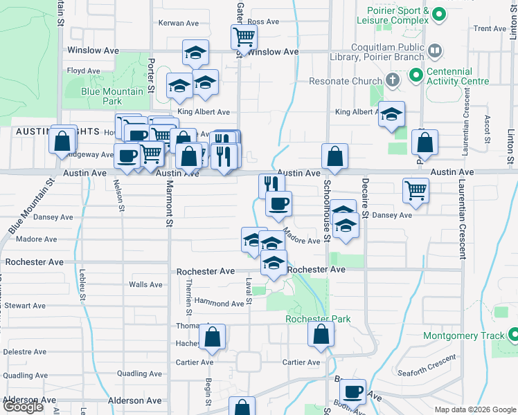 map of restaurants, bars, coffee shops, grocery stores, and more near 444 Karp Court in Coquitlam