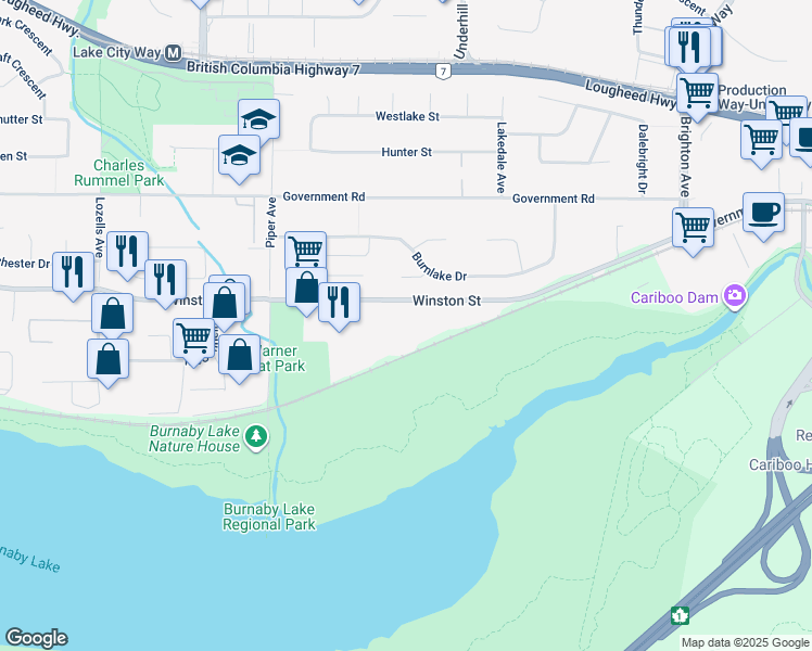 map of restaurants, bars, coffee shops, grocery stores, and more near 8128 Winston Street in Burnaby