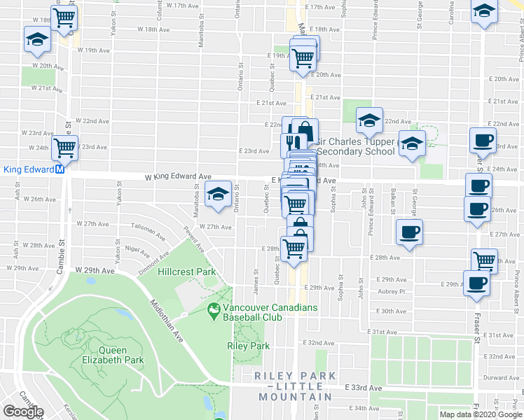 map of restaurants, bars, coffee shops, grocery stores, and more near 4273 Quebec Street in Vancouver
