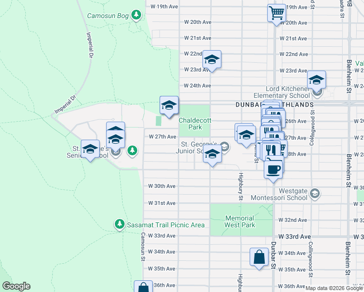 map of restaurants, bars, coffee shops, grocery stores, and more near 4432 Crown Street in Vancouver