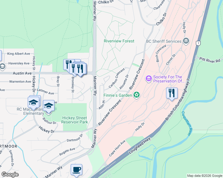 map of restaurants, bars, coffee shops, grocery stores, and more near 459 Cariboo Crescent in Coquitlam