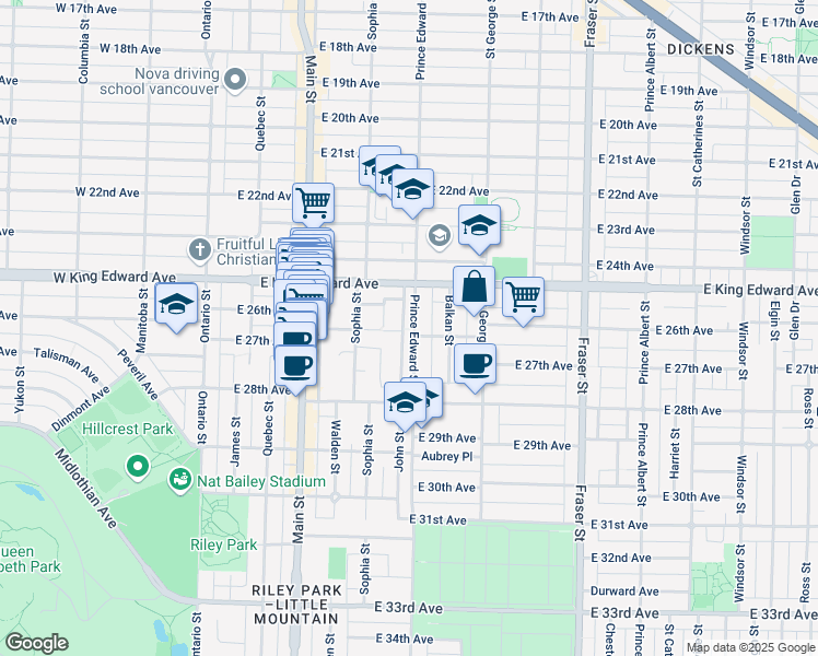 map of restaurants, bars, coffee shops, grocery stores, and more near 4194 John Street in Vancouver