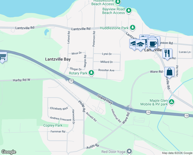 map of restaurants, bars, coffee shops, grocery stores, and more near 7376 Harby Road West in Lantzville