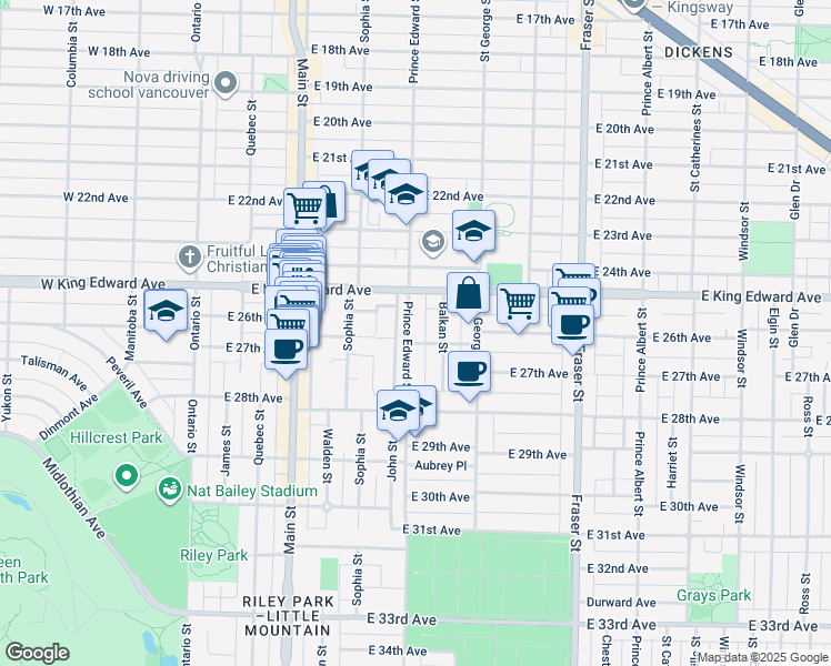 map of restaurants, bars, coffee shops, grocery stores, and more near 4182 Prince Edward Street in Vancouver