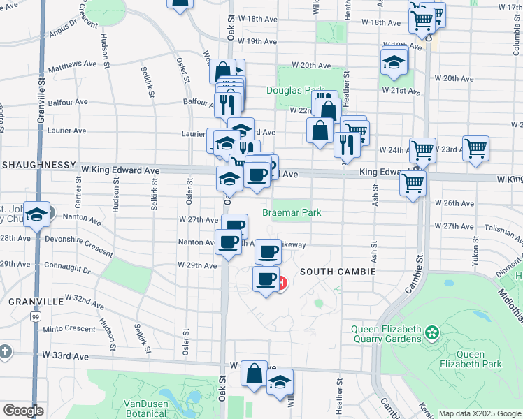 map of restaurants, bars, coffee shops, grocery stores, and more near 4255 Laurel Street in Vancouver