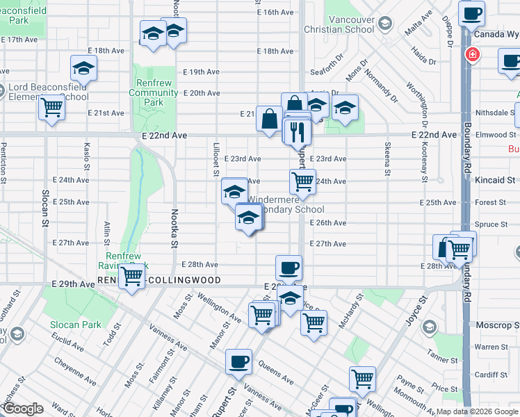 map of restaurants, bars, coffee shops, grocery stores, and more near 3206 East 25th Avenue in Vancouver