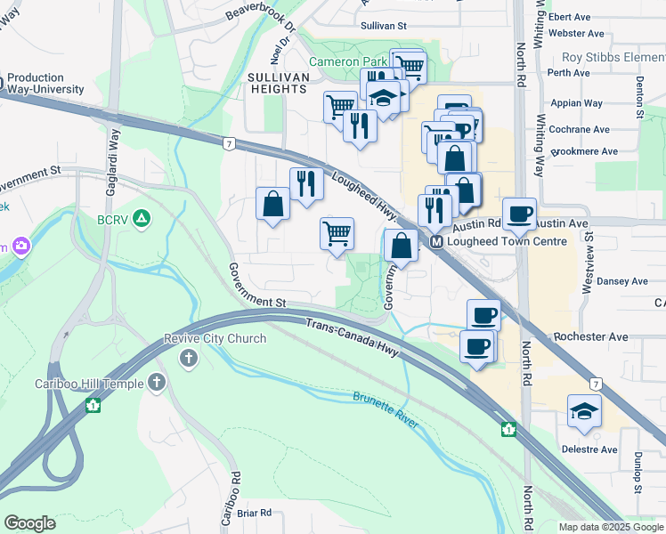 map of restaurants, bars, coffee shops, grocery stores, and more near 3921 Carrigan Court in Burnaby