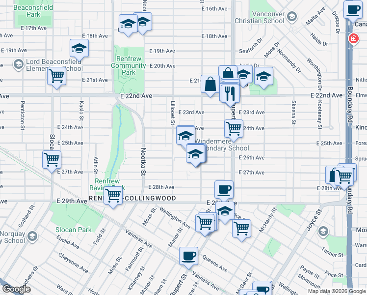 map of restaurants, bars, coffee shops, grocery stores, and more near 3447 East 28th Avenue in Vancouver