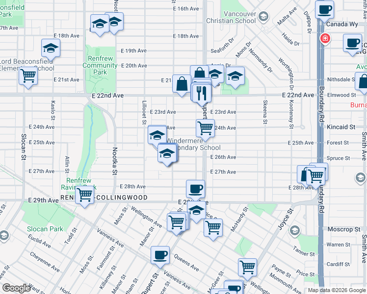 map of restaurants, bars, coffee shops, grocery stores, and more near 3236 East 25th Avenue in Vancouver