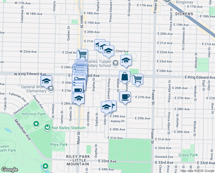 map of restaurants, bars, coffee shops, grocery stores, and more near 4194 John Street in Vancouver