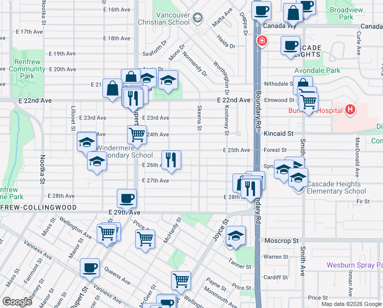 map of restaurants, bars, coffee shops, grocery stores, and more near 3484 East 25th Avenue in Vancouver