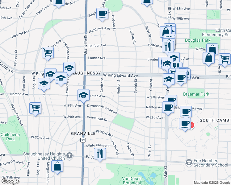 map of restaurants, bars, coffee shops, grocery stores, and more near 4249 Hudson Street in Vancouver