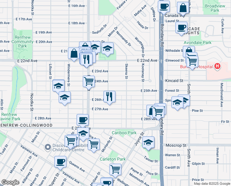 map of restaurants, bars, coffee shops, grocery stores, and more near 3440 East 25th Avenue in Vancouver