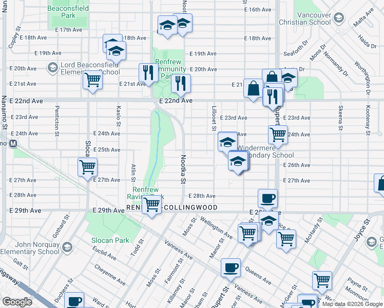 map of restaurants, bars, coffee shops, grocery stores, and more near 3006 East 25th Avenue in Vancouver