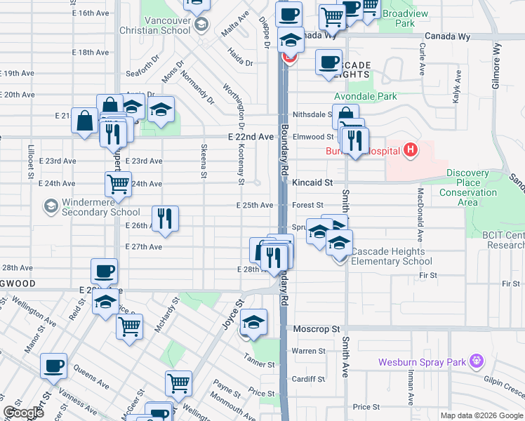 map of restaurants, bars, coffee shops, grocery stores, and more near 3654 East 25th Avenue in Vancouver