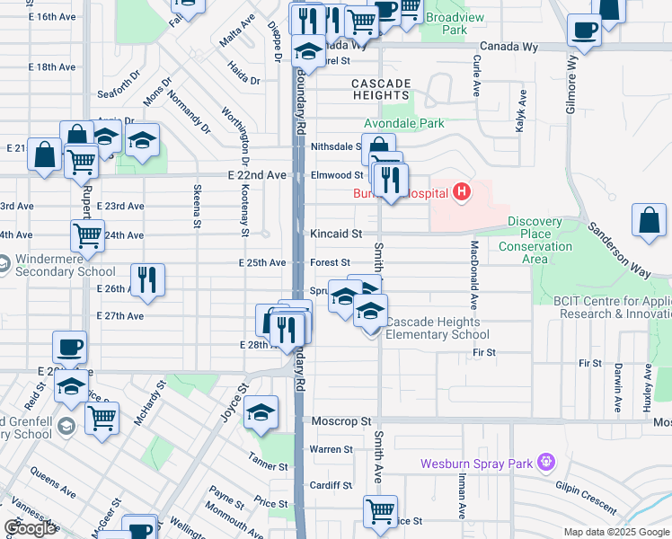 map of restaurants, bars, coffee shops, grocery stores, and more near 3738 Forest Street in Burnaby