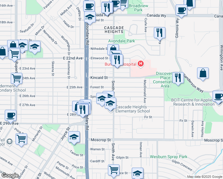 map of restaurants, bars, coffee shops, grocery stores, and more near 4125 Smith Avenue in Burnaby