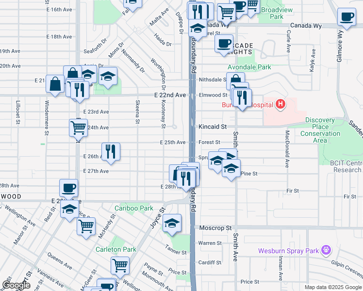 map of restaurants, bars, coffee shops, grocery stores, and more near 3678 East 25th Avenue in Vancouver