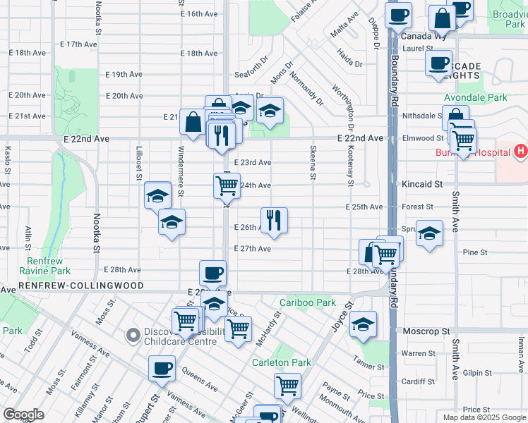 map of restaurants, bars, coffee shops, grocery stores, and more near 3388 East 25th Avenue in Vancouver