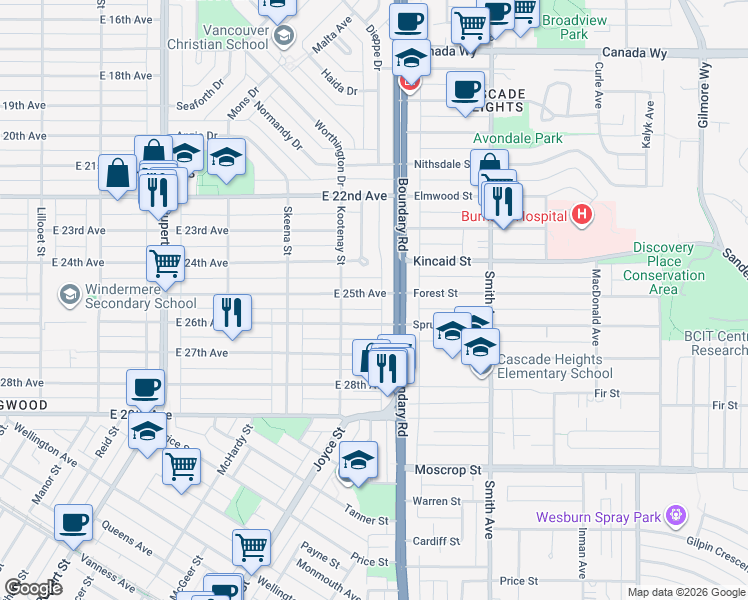 map of restaurants, bars, coffee shops, grocery stores, and more near 3662 East 25th Avenue in Vancouver