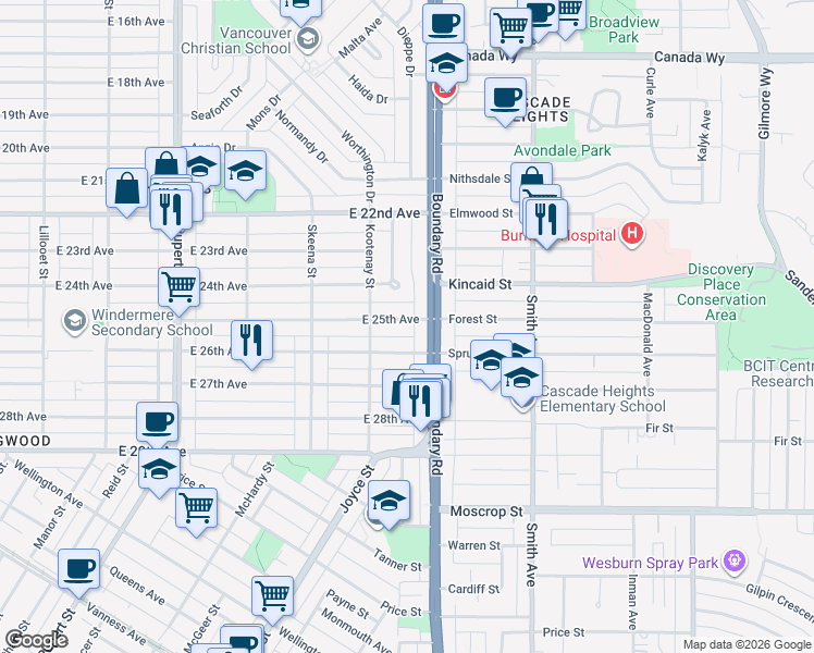 map of restaurants, bars, coffee shops, grocery stores, and more near in Vancouver