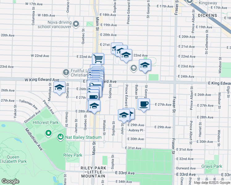 map of restaurants, bars, coffee shops, grocery stores, and more near 341 East 26th Avenue in Vancouver