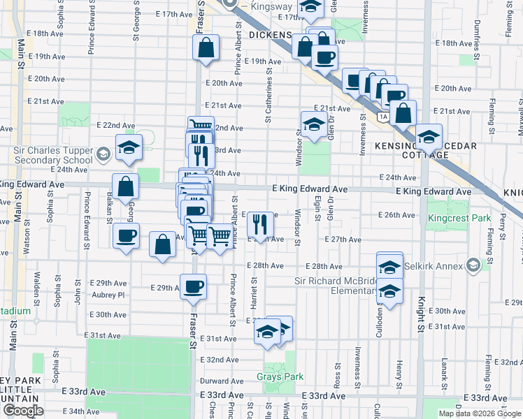 map of restaurants, bars, coffee shops, grocery stores, and more near 885 East 26th Avenue in Vancouver