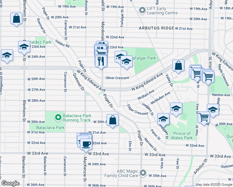 map of restaurants, bars, coffee shops, grocery stores, and more near 4425 Trafalgar Street in Vancouver