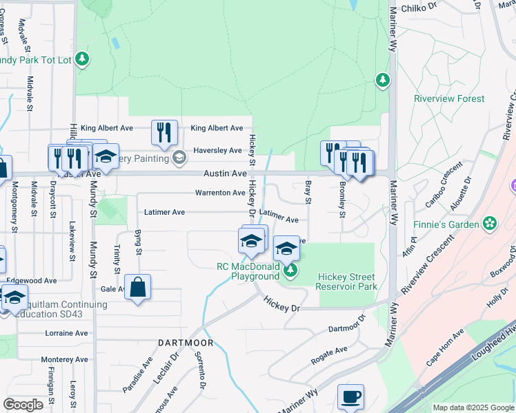 map of restaurants, bars, coffee shops, grocery stores, and more near 2503 Burian Drive in Coquitlam
